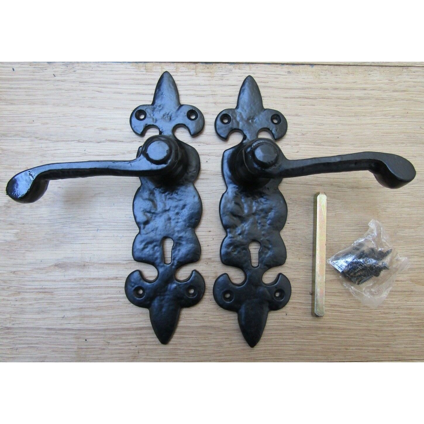 Pair Of Fleur De Lys Lever Lock Handles Black Antique